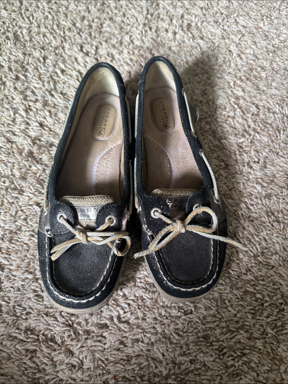 Sperry Black Moccasin Boat Shoes with Tan Laces
